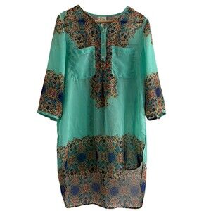 Anthropologie Fig and Flower Teal Blue Paisley High Low Tunic Size Large